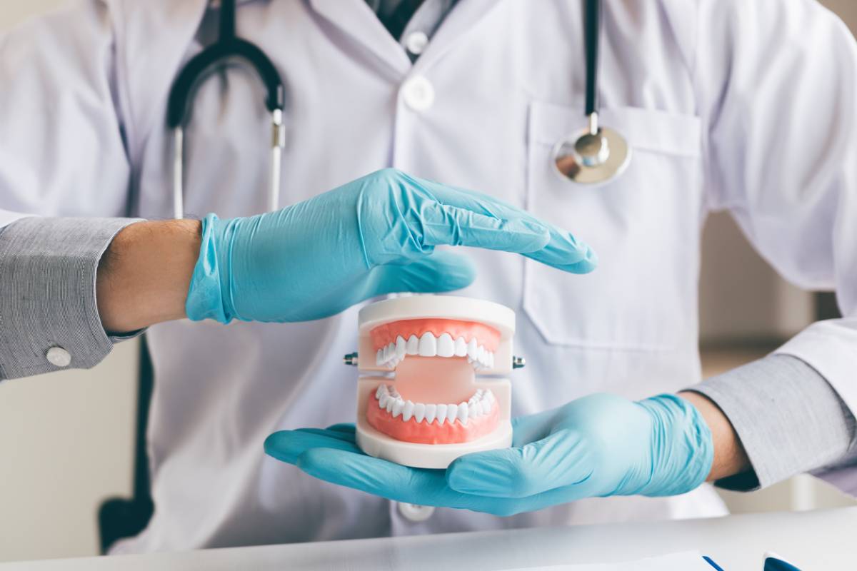 Dentist holding dentures stock photo